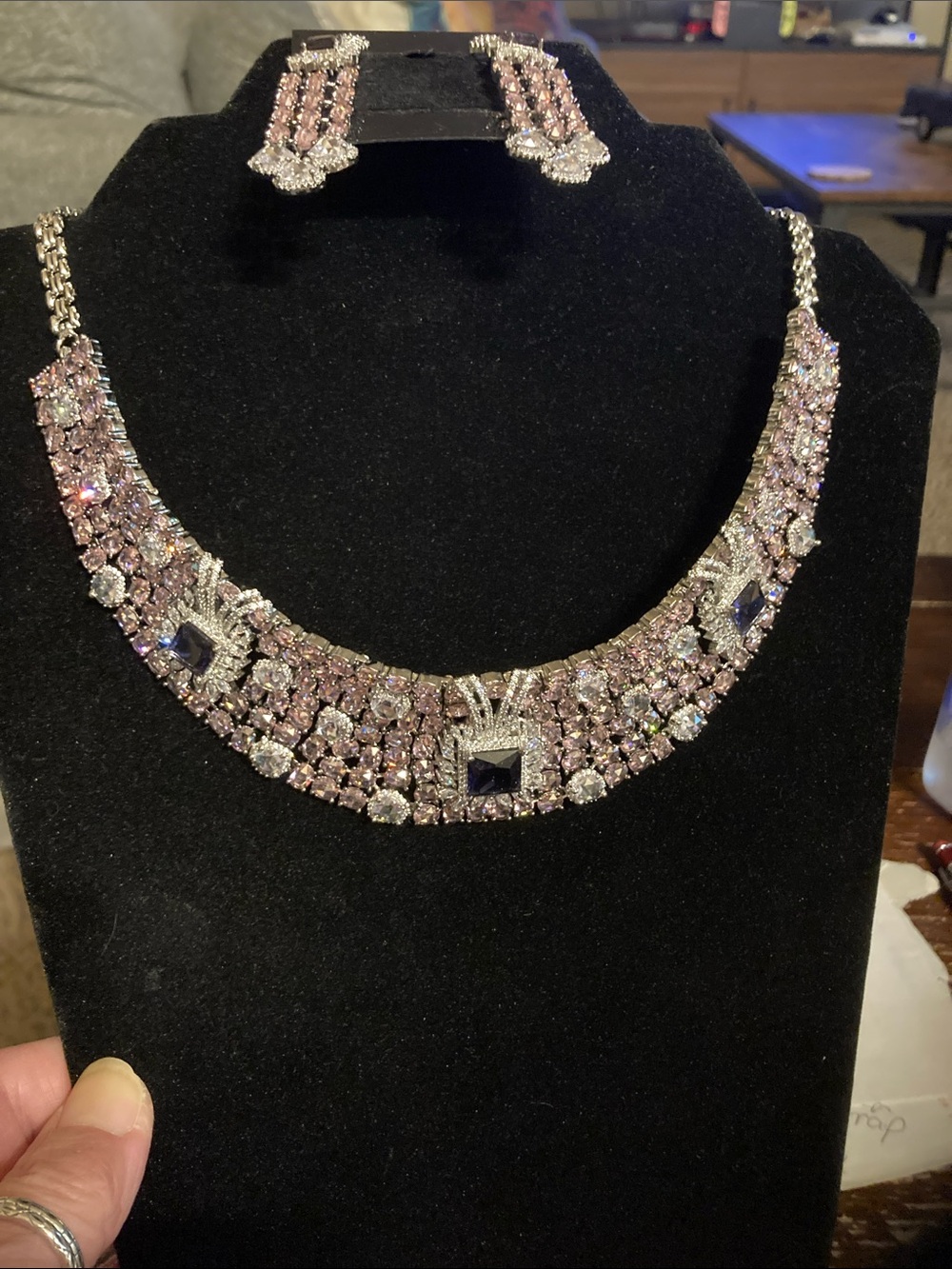 Elegant Pink and Silver Crystal Necklace & Earring Set